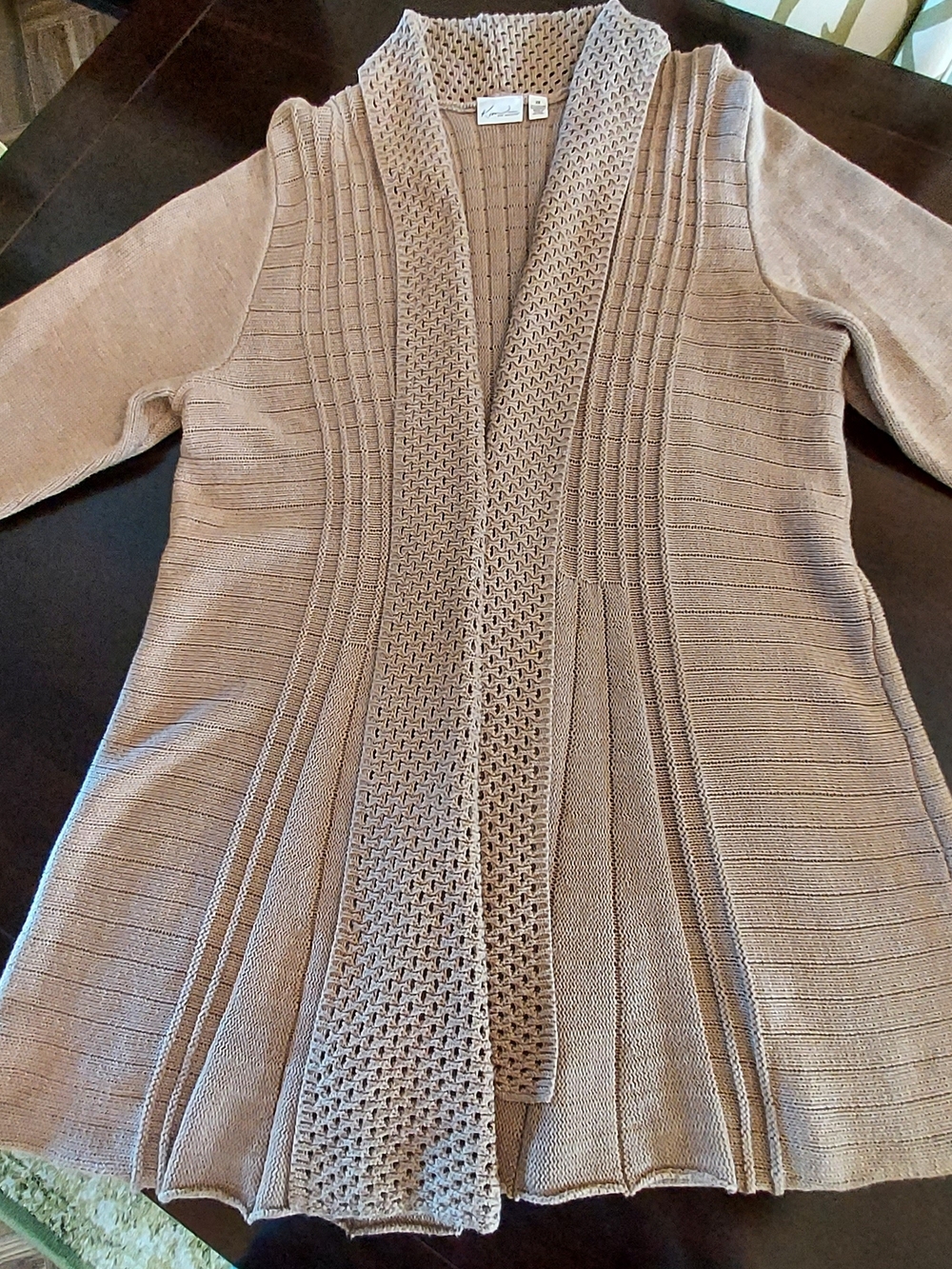 Kim Rogers Taupe Open-Front Textured Mixed Media Knit Cardigan Roll Top Edge. 3X